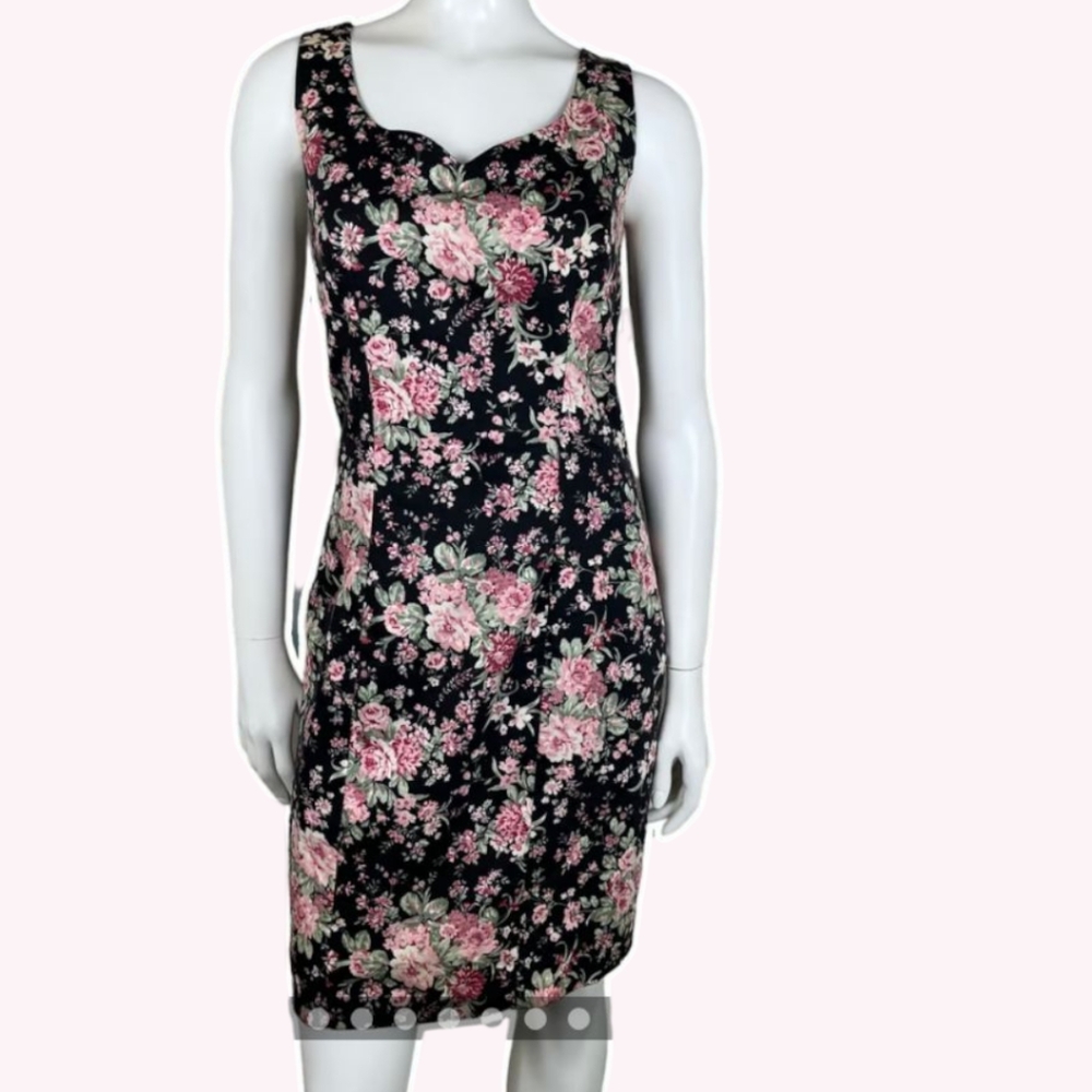 🖤🌸 VTG Laura Ashley 100% Cotton Floral Sheath Dress w/ Sweetheart Neckline, 4